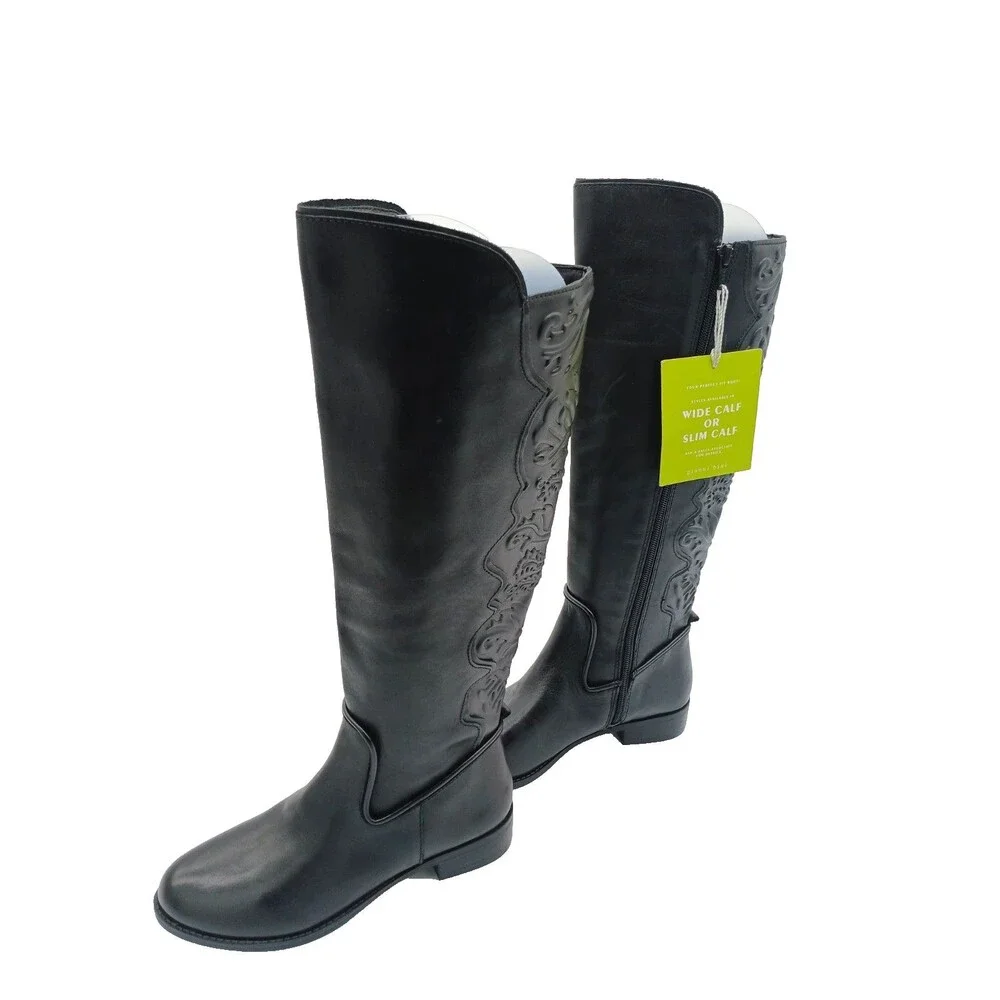 Gianni Bini Alybeth Embroidered Leather Riding Boots Black Size 6.5M